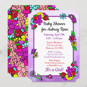 Invitation Baby shower de fille florale Whimsical violet, rou