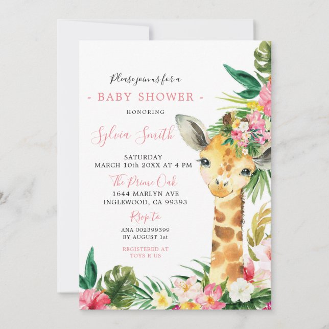 Invitation Baby shower de fille Giraffe tropicale (Devant)