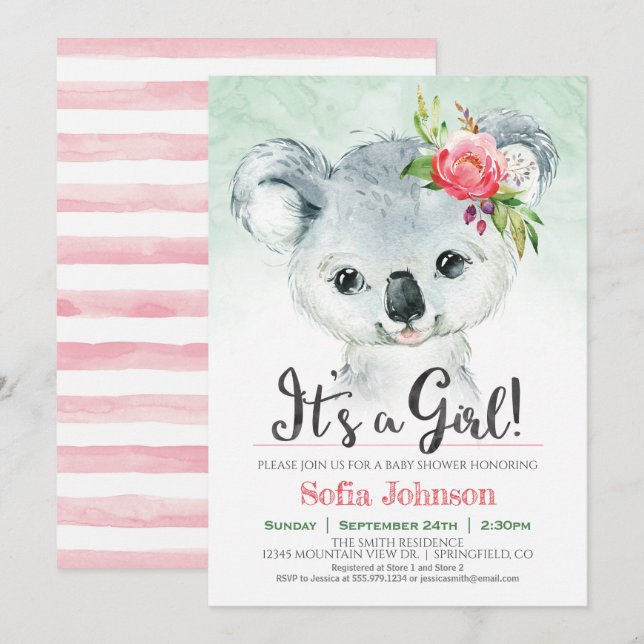 Invitation Baby shower de fille Koala (Devant / Derrière)