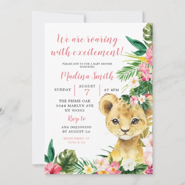 Invitation Baby shower de fille Lion Tropical (Devant)