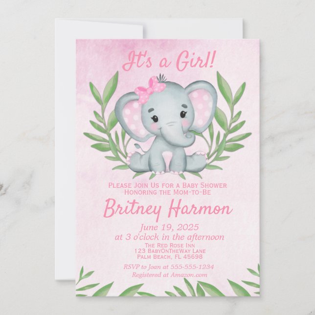 Invitation Baby shower de fille moderne Pink Elephant Safari (Devant)