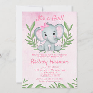 Invitation Baby shower de fille moderne Pink Elephant Safari