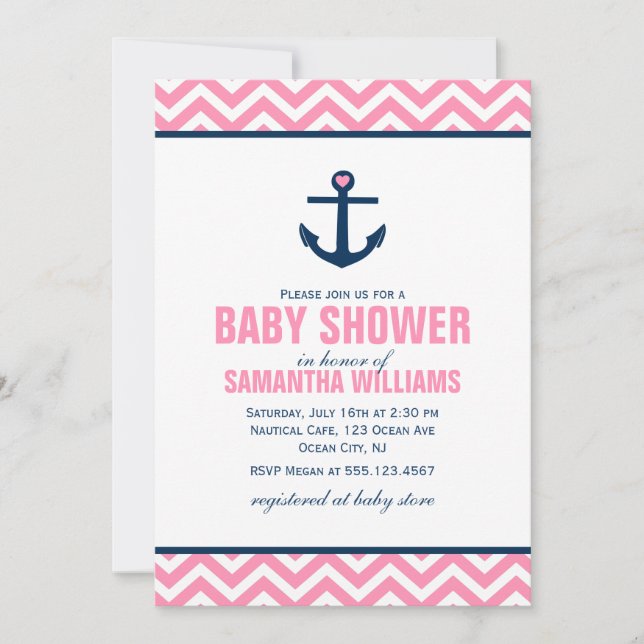 Invitation Baby shower de fille Nautical Chevrons rose (Devant)