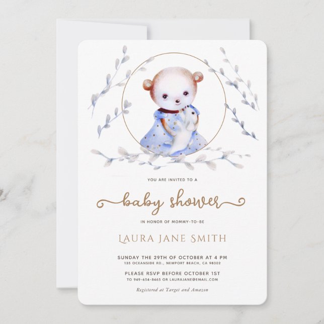 Invitation Baby shower de fille Ours de forêt luna (Devant)
