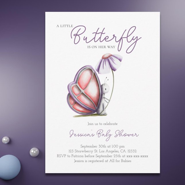 Invitation Baby shower de fille papillon aquarelle (Cute Butterfly and Flower Personalized Birthday Card)
