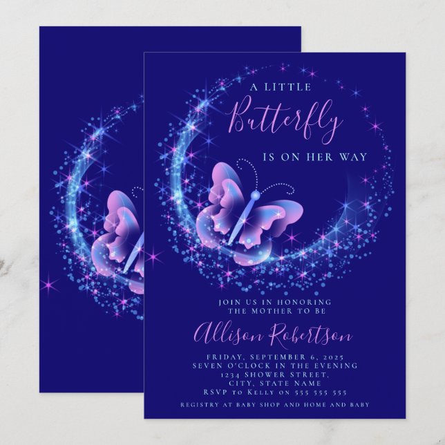 Invitation Baby shower de fille papillon pourpre (Devant / Derrière)