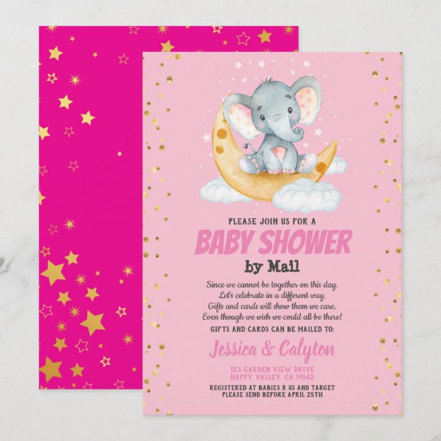 Invitation baby shower de fille par courrier, lune d'éléphant (Devant / Derrière)