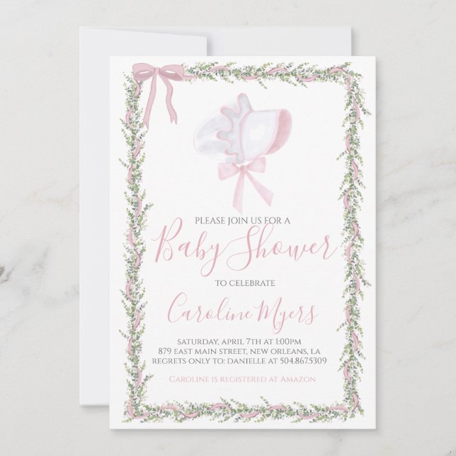 Invitation Baby shower de fille Pink Preppy Bonnet (Devant)