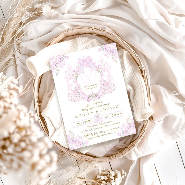 Invitation Baby shower de fille preppy de crête florale rose (Créateur téléchargé)