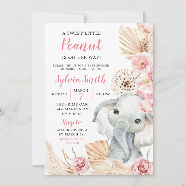 Invitation Baby shower de fille rose Boho Elephant (Devant)
