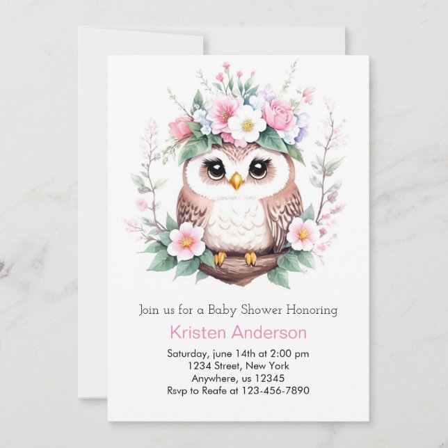 Invitation Baby shower de fille rose boisée enchantée de hibo (Devant)