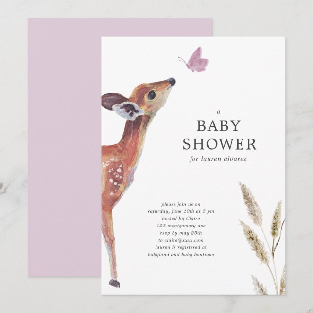 Invitation Baby shower de fille rose cerf moderne (Devant / Derrière)