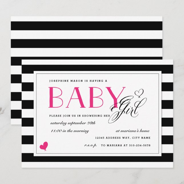 Invitation Baby shower de fille rose chaud noir et blanc (Devant / Derrière)
