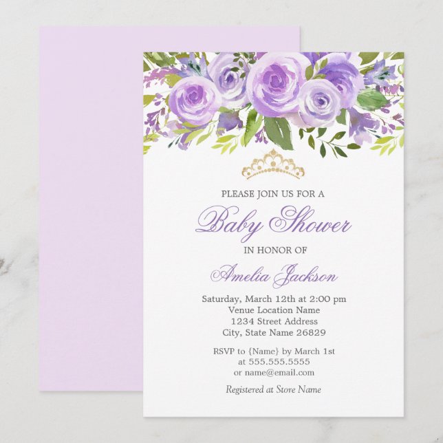Invitation Baby shower de fille Rose de lavande florale (Devant / Derrière)