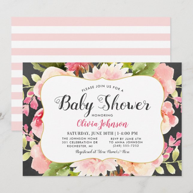 Invitation Baby shower de fille rose floral moderne (Devant / Derrière)