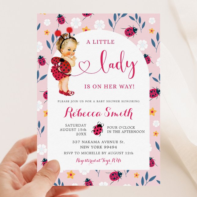 Invitation Baby shower de fille rose Ladybug blond (Créateur téléchargé)