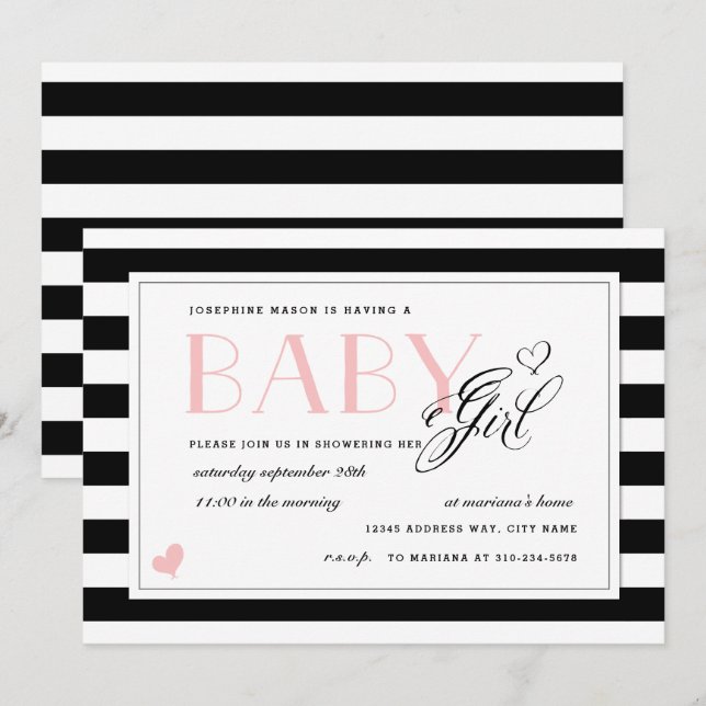 Invitation Baby shower de fille rose pâle noir et blanc (Devant / Derrière)