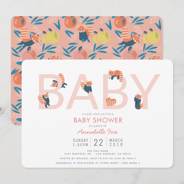 Invitation Baby shower de fille rose Panda rouge (Devant / Derrière)