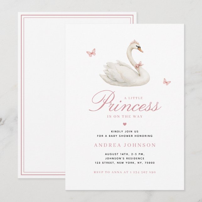 Invitation Baby shower de fille rose princesse Swan (Devant / Derrière)