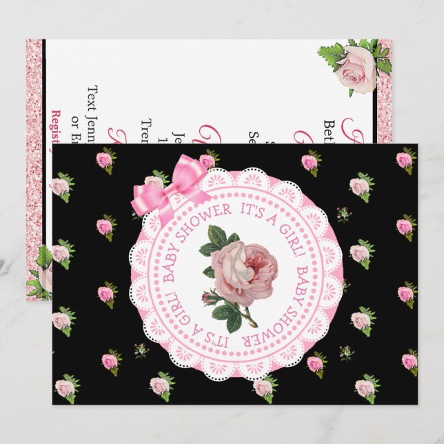 Invitation Baby shower de fille Rose rose et noire (Devant / Derrière)