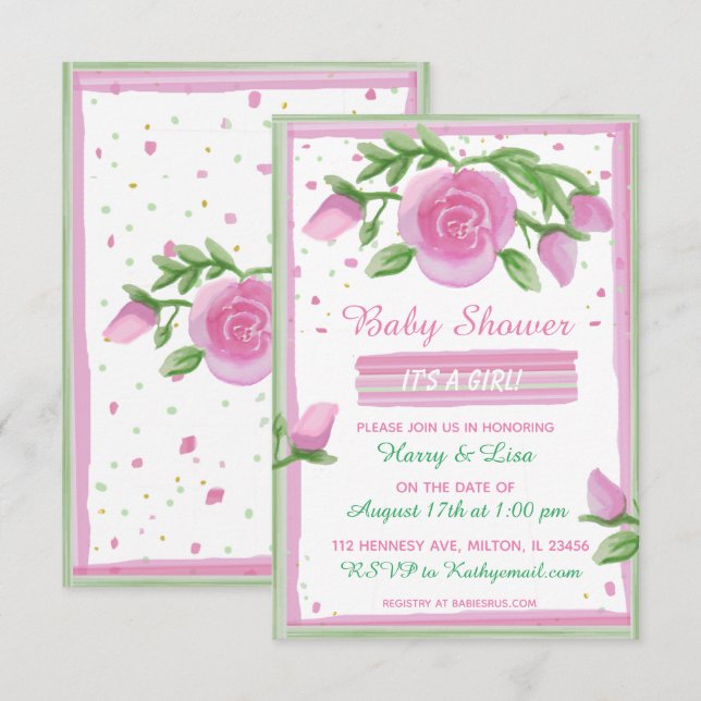 Invitation Baby shower de fille Rose rose et Sage Aquarelle (Devant / Derrière)