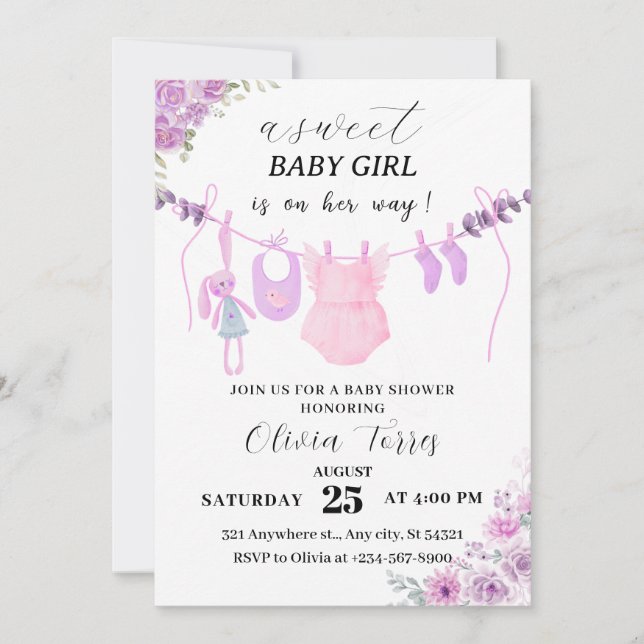 Invitation Baby shower de fille rose, violet ligne de linge (Devant)