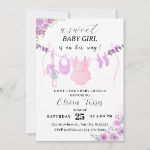 Invitation Baby shower de fille rose, violet ligne de linge