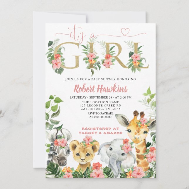 Invitation Baby shower de fille Safari (Devant)