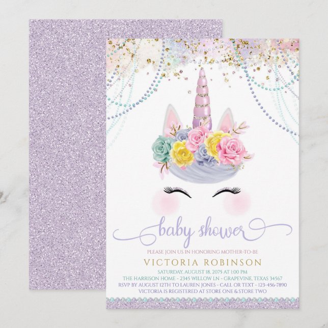 Invitation Baby shower de fille Unicorn violet (Devant / Derrière)