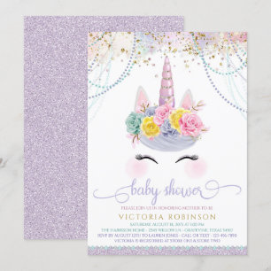 Invitation Baby shower de fille Unicorn violet