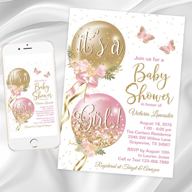 Invitation Baby shower de filles à ballon (Girl balloon and butterfly pink and gold baby shower invitation. Digital and printed available.)