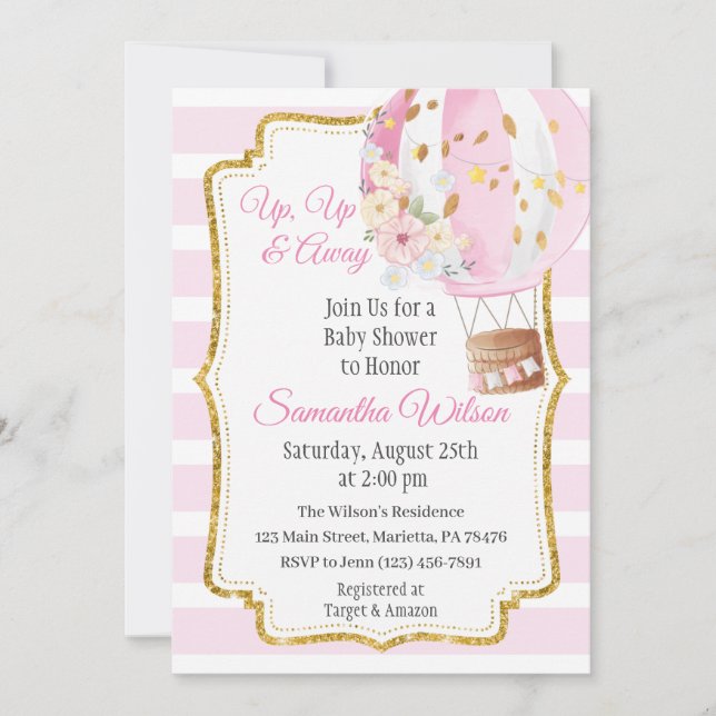 Invitation Baby shower de filles à ballon à air chaud (Devant)