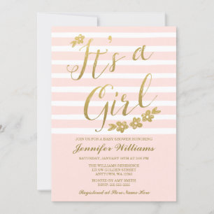 Invitation Baby shower de filles aux fleurs d'or rose pâle