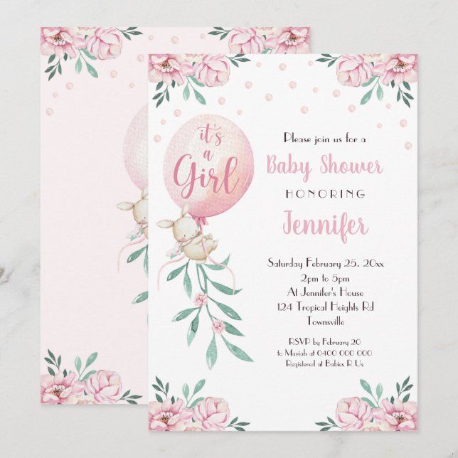 Invitation Baby shower de filles Ballons Bébé rose (Devant / Derrière)