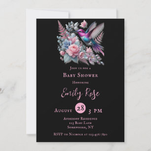 Invitation Baby shower de filles colibri et rose en fleurs