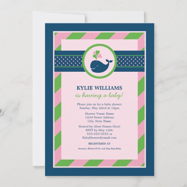 Invitation Baby shower de filles de baleine rose bleu marine (Devant)