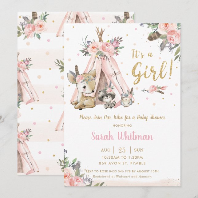 Invitation Baby shower de filles de la tribu Boho de Cute Woo (Devant / Derrière)