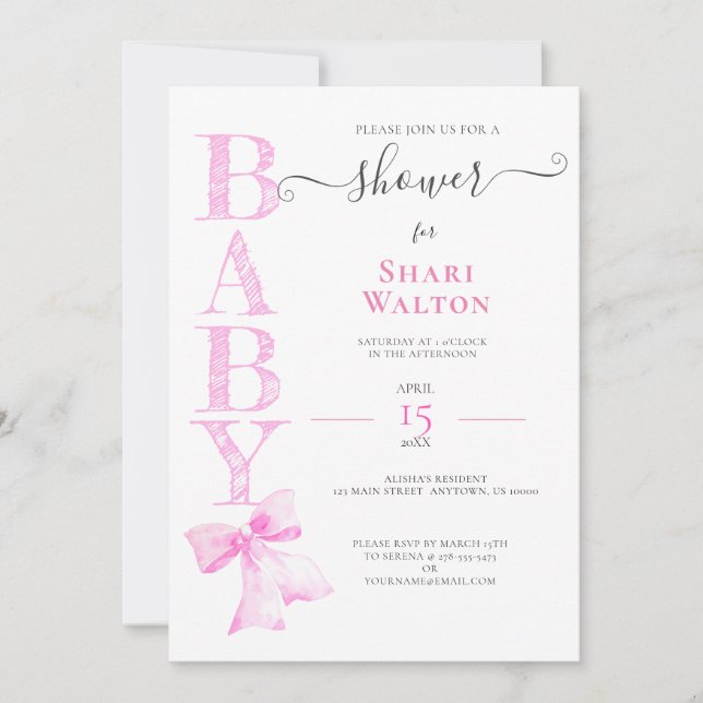 Invitation BABY SHOWER DE FILLES DE RIBBON ROSE (Devant)