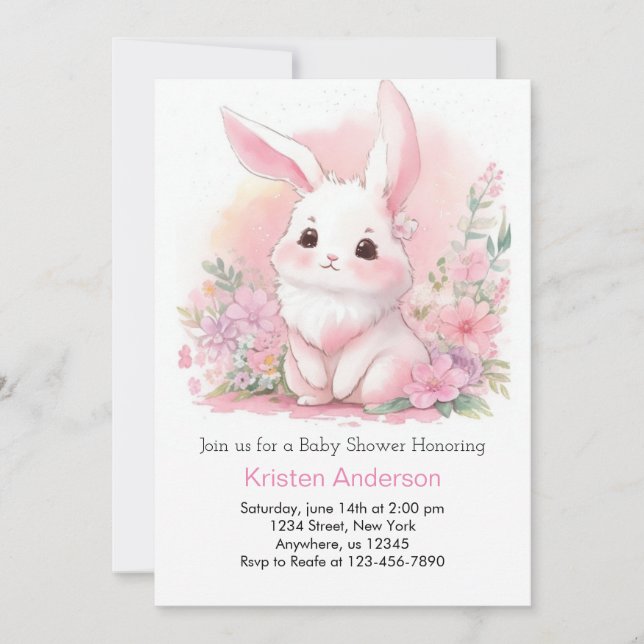 Invitation Baby shower de filles florales roses de lapin de b (Devant)