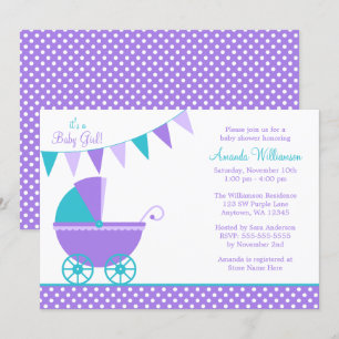 Invitation Baby shower de filles porteuses Turquoises pourpre