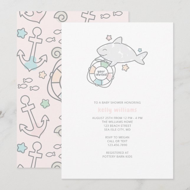 Invitation Baby shower de filles Shark Ahoy (Devant / Derrière)