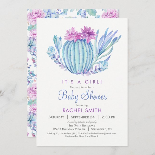 Invitation Baby shower de filles succulentes (Devant / Derrière)