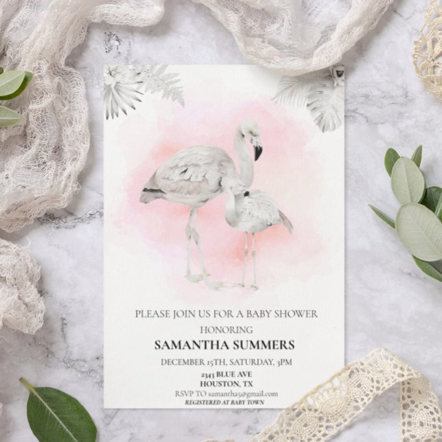 Invitation Baby shower de Flamant rose blanc tropical Boho (Créateur téléchargé)