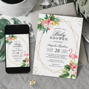 Invitation Baby shower de Flamant rose Tropical Floral Gold F