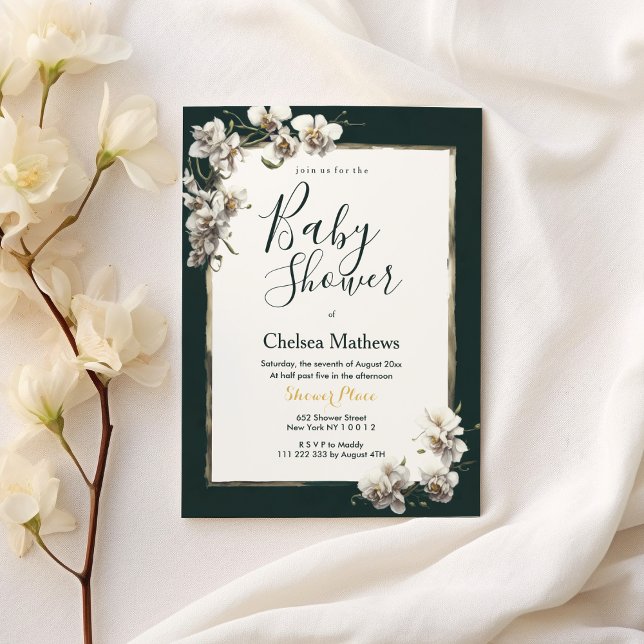 Invitation Baby shower de fleur d'orchidée blanche en or fonc (Dark green gold white orchid flower Baby Shower)