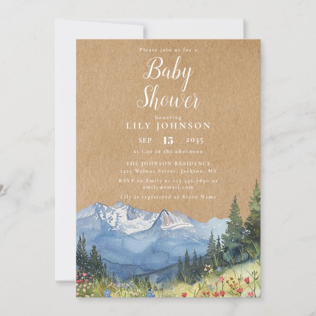 Invitation Baby shower de Fleur sauvage Rustique Kraft Mounta (Devant)