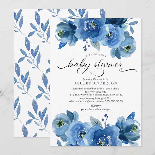 Invitation Baby shower de fleurs bleu aquarelle (Devant / Derrière)
