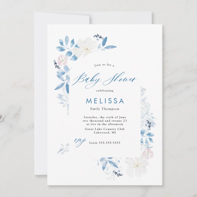 Invitation Baby shower de fleurs bleu aquarelle (Devant)