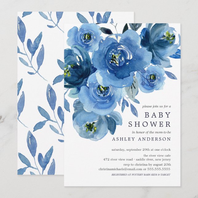 Invitation Baby shower de fleurs bleu aquarelle (Devant / Derrière)