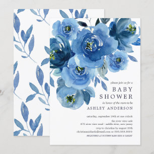 Invitation Baby shower de fleurs bleu aquarelle